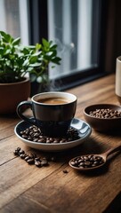 Cozy coffee setup with beans, a cup, and fresh herbs