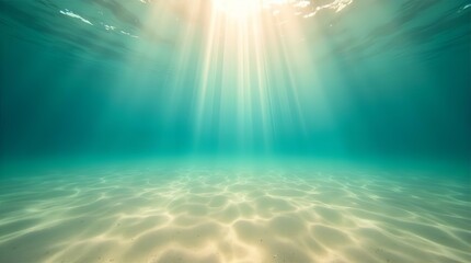 Fototapeta premium Serene Underwater Sunlight Rays Sandy Seabed Ocean Floor Texture