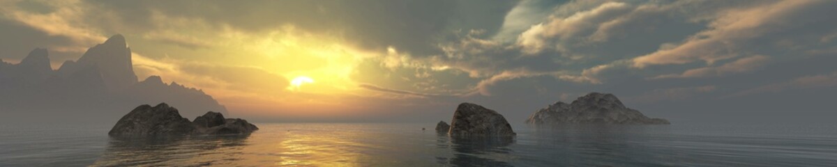 Beautiful sunset over water among stones, seascape, 3d rendering