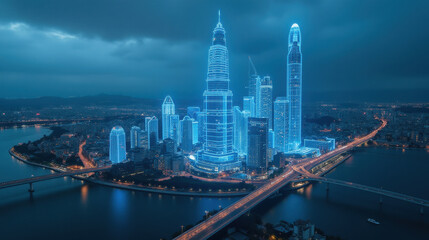 Obraz premium stunning city skyline illuminated at night, showcasing futuristic architecture and vibrant lights reflecting on water