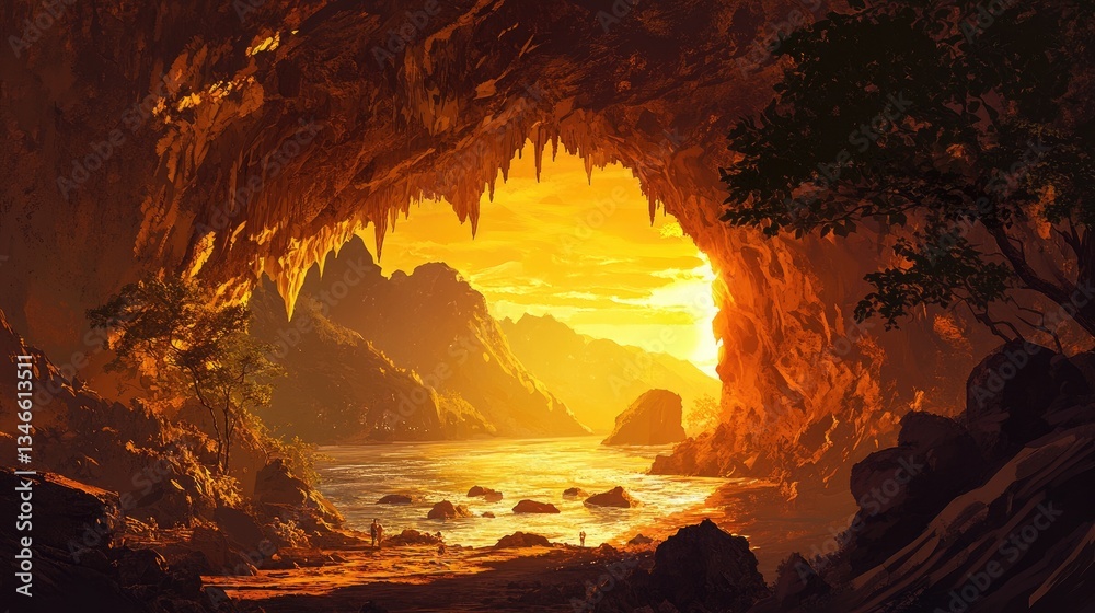 Poster the golden light of a setting sun filters through a cave opening, casting dramatic shadows and creat