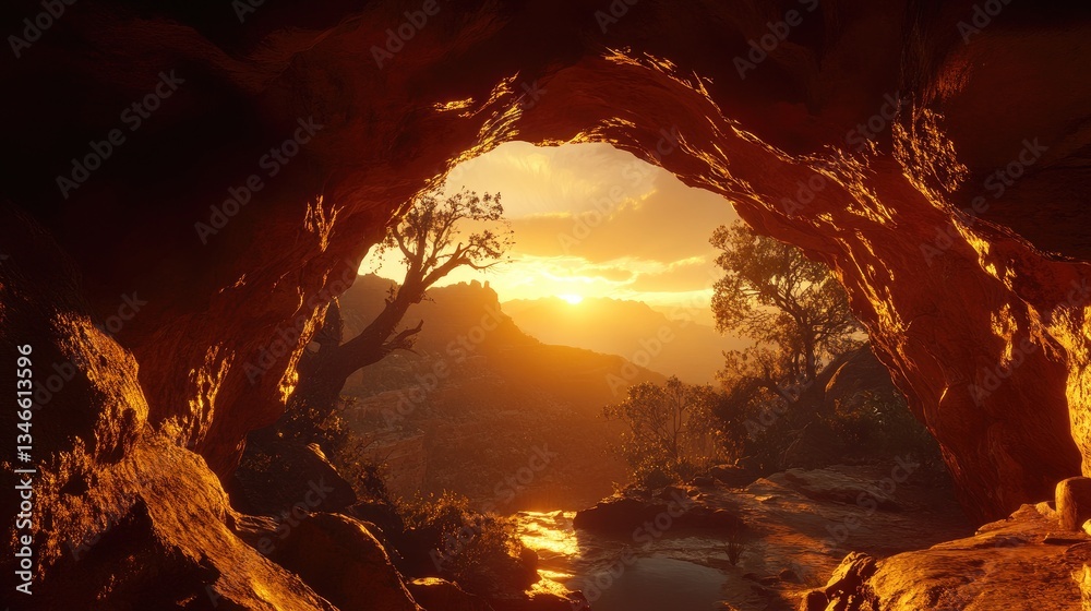 Poster the golden light of a setting sun filters through a cave opening, casting dramatic shadows and creat