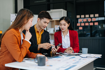 Business team new professional investor starts project meet with financial manager, designing a computer, tablet, digital at office.