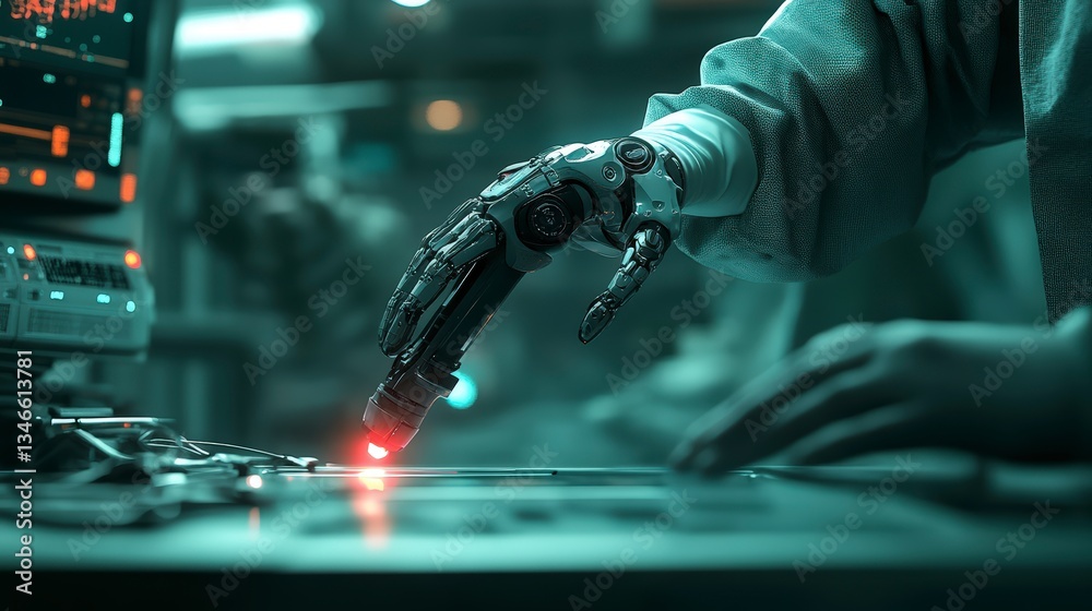 Poster Person using a robotic hand in a technologically advanced setting demonstrating human-robot collaboration and innovation