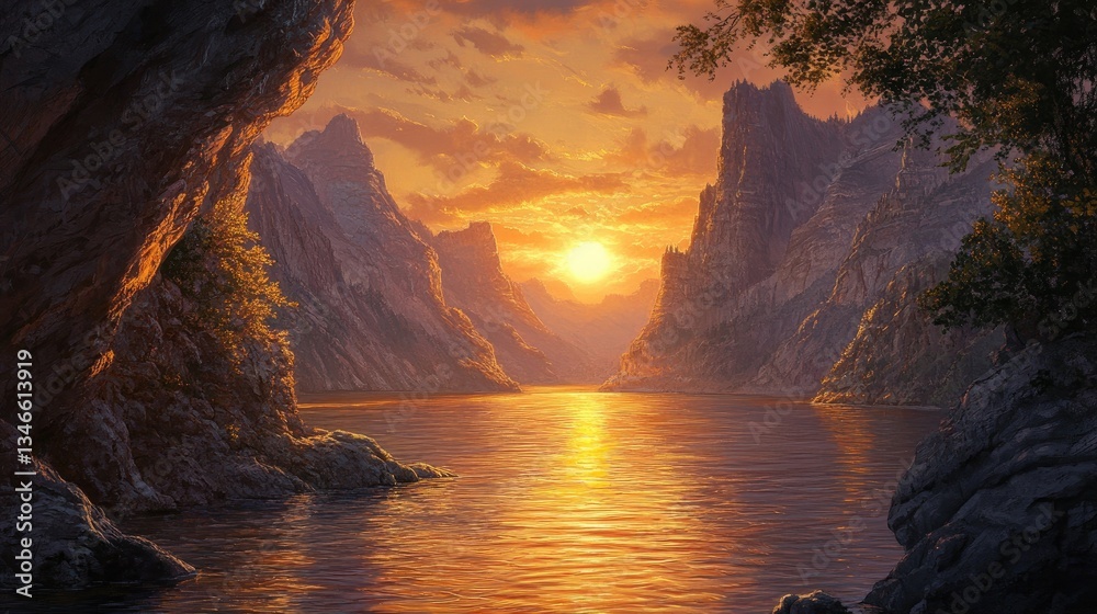 Poster the golden light of the setting sun illuminates the waters of a hidden canyon, framed by rugged rock
