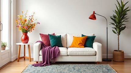 Cozy Living Room Interior: A bright and inviting living room showcasing a modern white sofa adorned with colorful cushions and throw, a vibrant floral arrangement, a stylish floor lamp.