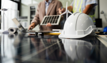 Engineer Teamwork Meeting, Drawing working on blueprint meeting for project working with partner on model building at company office..