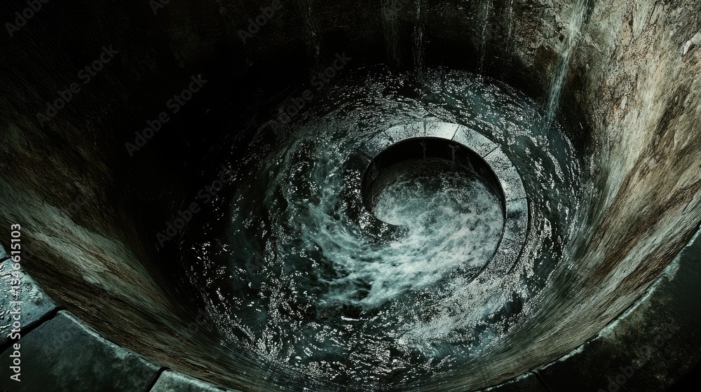 Poster The spiraling water flows gracefully from a metal pipe, creating a sense of calm as it flows into the dark space below.