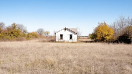 Obraz premium Abandoned farmhouse in a field under a clear sky. A weathered white structure stands solitary in a vast expanse of dry, golden grass. Surrounding trees are in fall colors