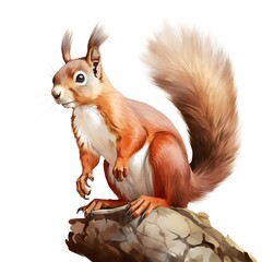 Obraz premium A squirrel with a long tail is standing on a white background. , isolated on white background