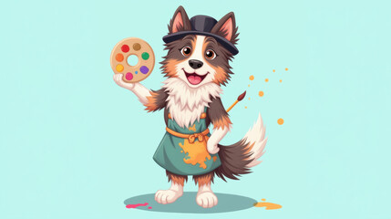 Cartoon dog artist holding paint palette, wearing apron and hat, cheerful expression, colorful background