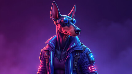futuristic dog character wearing stylish goggles and vibrant jacket, set against colorful background
