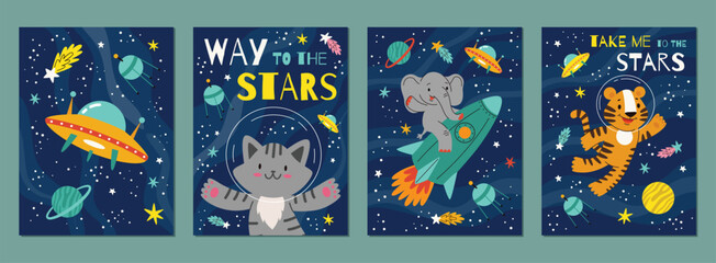 Space kids posters.Animal astronauts in among the stars and comets.A postcard, a flyer, an invitation.Vector cartoon flat illustration.