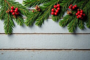Festive evergreen boughs and vibrant red berries arranged on a rustic light-grey wooden surface, creating a charming winter holiday scene perfect for seasonal greetings