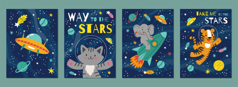 Naklejki Space kids posters.Animal astronauts in among the stars and comets.A postcard, a flyer, an invitation.Vector cartoon flat illustration.