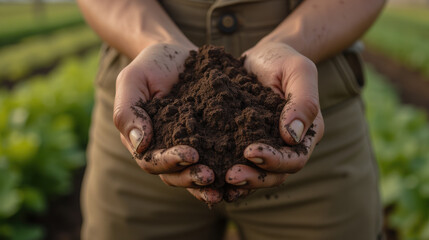 Hands holding rich soil, symbolizing agriculture and sustainability