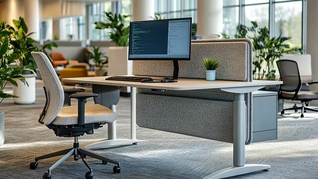 Modern office space with adjustable desk, ergonomic chair and computer setup showcase