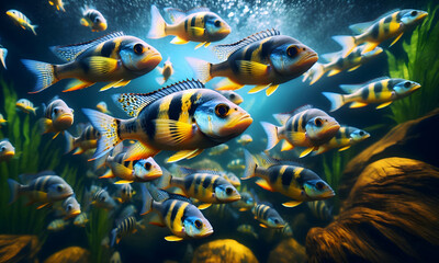 Unter Wasser Szene, ein Schwarm mit blau-gelben Buntbarschen