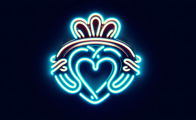 Keltisches Symbol Claddagh Ring , als LED Sign auf dunklem Hintergrund, copy space