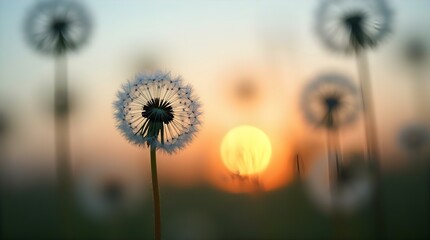 Golden Hour Dandelions Silhouetted at Sunset - Serene Blurred Field Nature Photography