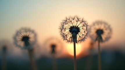 Silhouetted Dandelions at Sunset - Dreamy Golden Hour Bokeh Field Scene