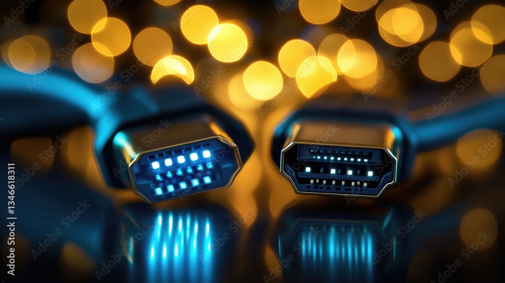 Poster two illuminated hdmi cable connectors shine brightly on a dark surface, creating a striking contrast