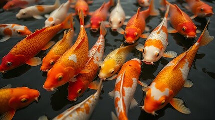 Close-Up View of Vibrant Orange White and Yellow Koi Fish Swimming in Serene Pond - Colorful Japanese Koi Carp in Clear Water - Aquatic Wildlife Nature Stock Photography