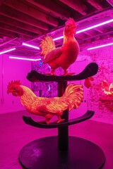 Pink roosters on a tiered display stand.