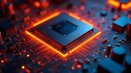 Vibrant Orange Glowing CPU Processor on Futuristic Circuit Board Design