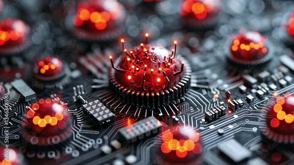 Poster exploring advanced security threats presented by malware on a circuit board with intricate design