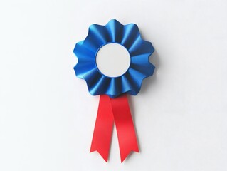 Award Rosette with Blue Ruffled Edges and Red Ribbons on White Textured Background Achievement Prize Celebration