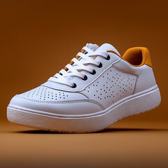 White sneaker, studio shot, orange background, e-commerce
