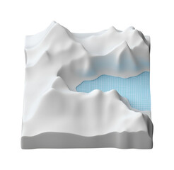 Model of a snowy mountain range with a blue water feature Simple landscape PNG on Transparent Background