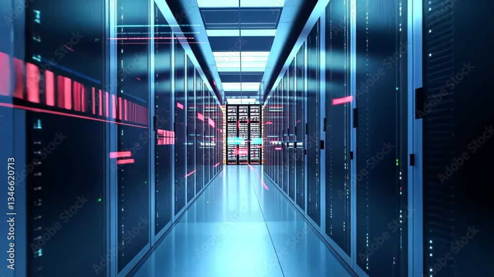 Poster exploring a high-tech data center filled with servers and advanced technology