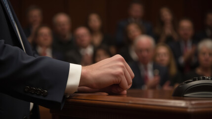 tense moment in courtroom with clenched fist on wooden desk, surrounded by attentive audience