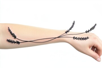 Botanical Line Art A delicate tattoo of a single lavender sprig drawn in fine black lines
