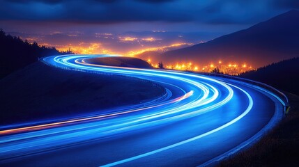 Night highway curve, mountain lights, speed, travel