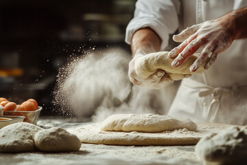  man is making a pizza dough with flour and eggs. The dough is being rolled out on a table