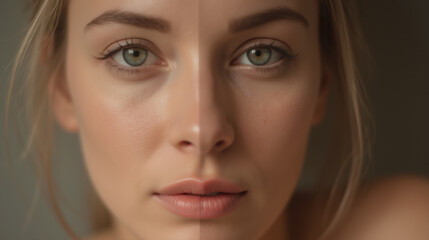 Fototapeta premium close up portrait of young woman showcasing natural beauty and clear skin, highlighting her expressive eyes and soft features