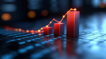 A red bar chart positioned on a computer keyboard representing data analysis and business insights in a digital context