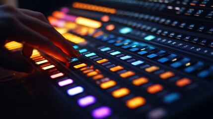 Hands operating colorful audio mixing console with vibrant led lights