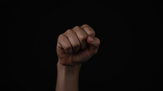 raised fist symbolizes strength and unity, set against dark background - Powered by Adobe