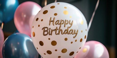A white birthday balloon is decorated with gold polka dots