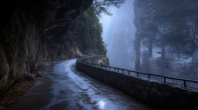 Misty Mountain Road Winding Through Dramatic Gorge - Powered by Adobe