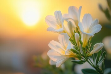 Fototapeta premium White flowers glowing in the golden sunset light.