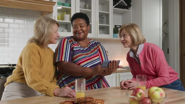 Senior Women Friends Gathering at Home. Three cheerful 60 year old women enjoying get together in living room and chatting. Leisure time Three mature women using and looking in mobile telephone.