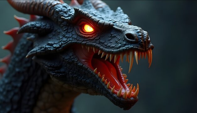 A fierce dragon with glowing red eyes
