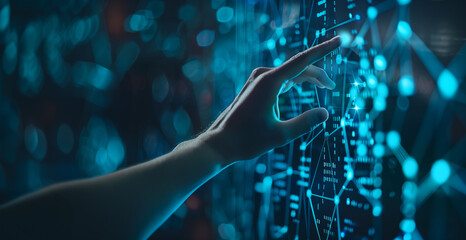 Artificial intelligence technology concept. Human hand touching a glowing point on a digital data interface. AI future touchscreen. Blue background.