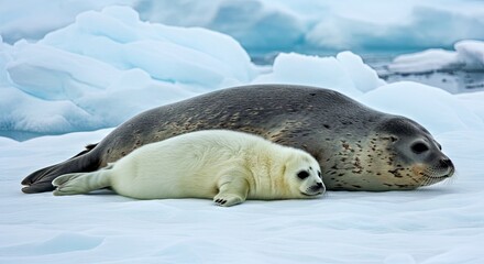 A Bearded Seal Pup, Covered in Soft, Light-Gray Fur, Lies Curled up Beside Its Massive Mother on a Thick Sheet of Arctic Ice