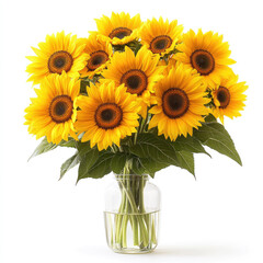 Obraz premium Bright sunflower bouquet in clear vase on white background